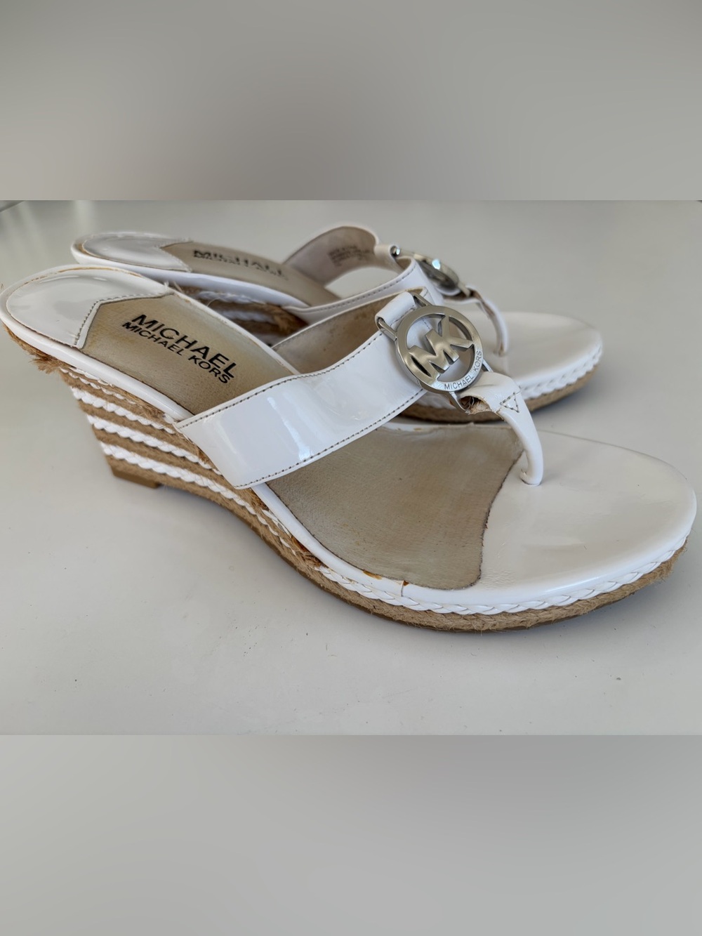 MICHAEL Michael Kors White MK Logo Espadrille Wedge Sandals 7